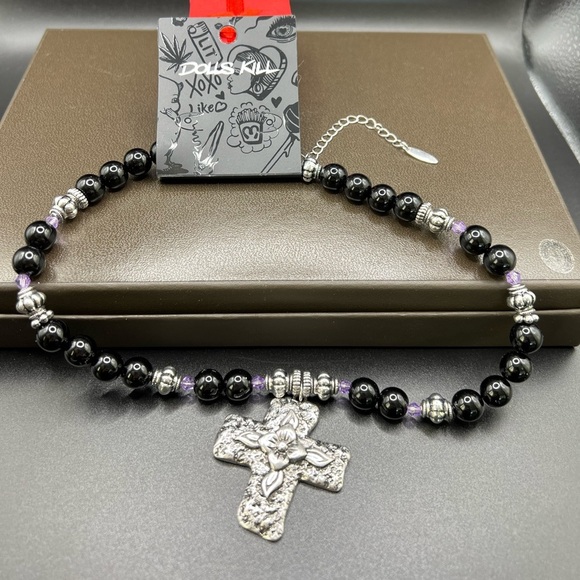 NWT Dolls Kill Divine Nature Cross Necklace Black beads w/ purple crystals - Picture 5 of 7